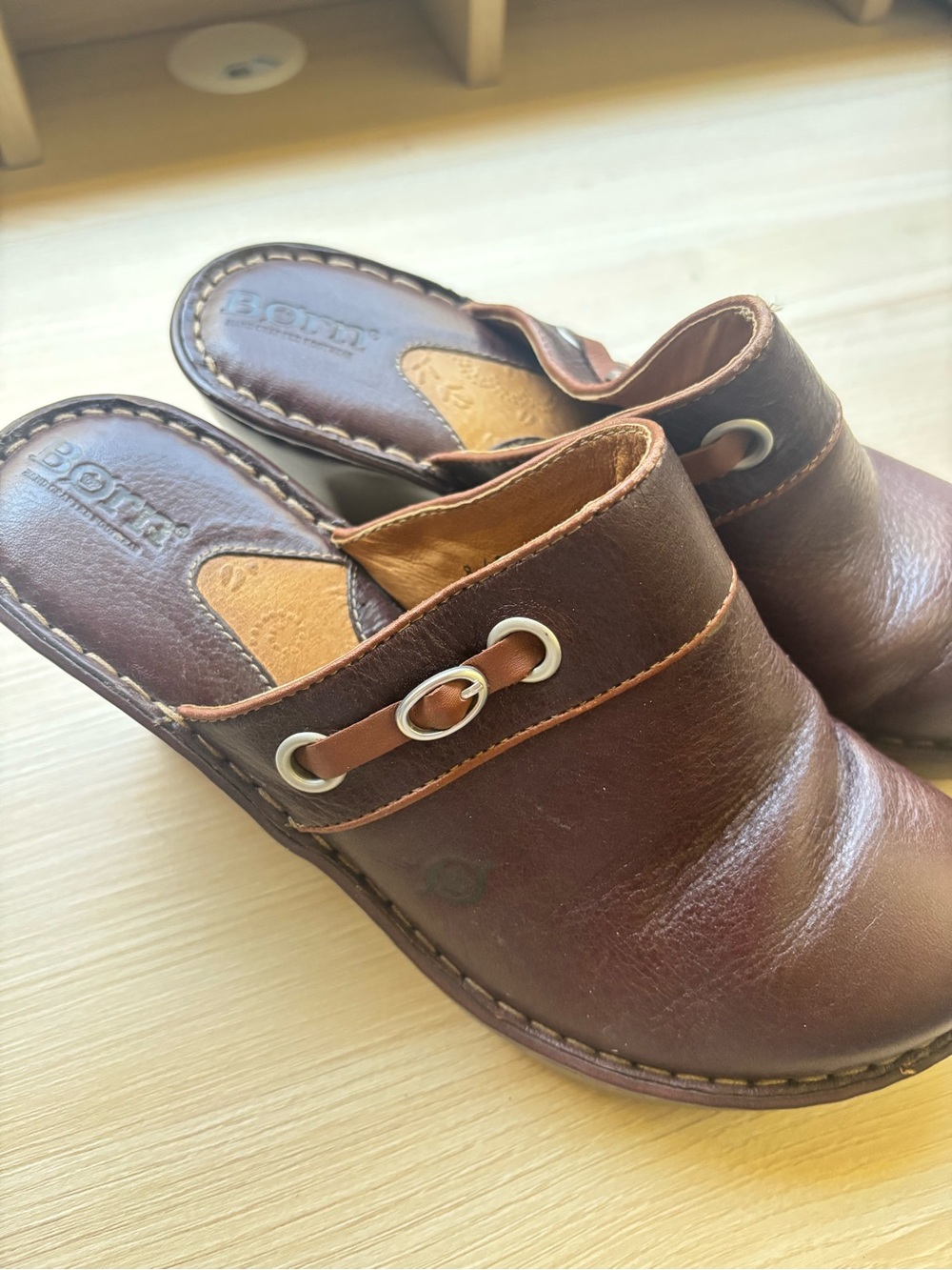 Born Brown Leather Slip-On Clogs with Metal Grommet Detail